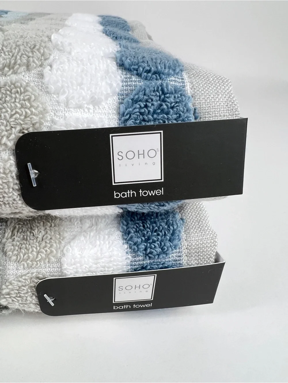 Soho Living Bath Towel Set Dots and Stripes Blue Gray White 100% Cotton 2 Pc NEW